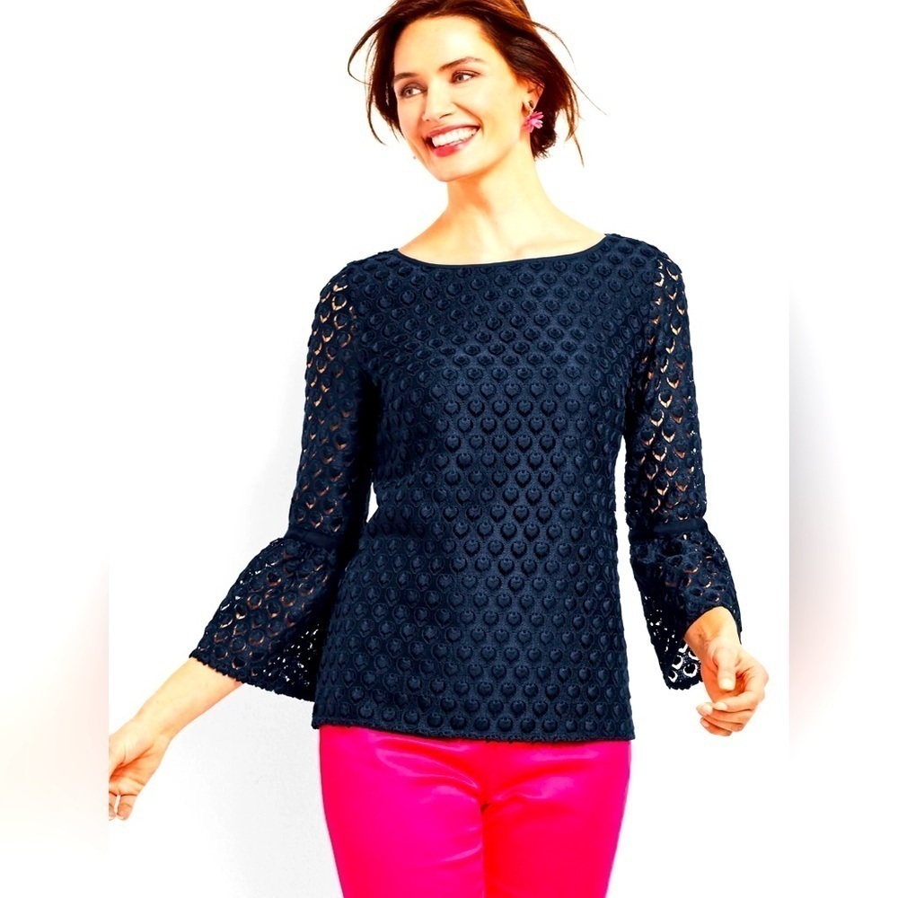 TALBOTS RSVP Bell Sleeve Lace Top Navy Blouse Crew Neck Bell Sleeves small EUC